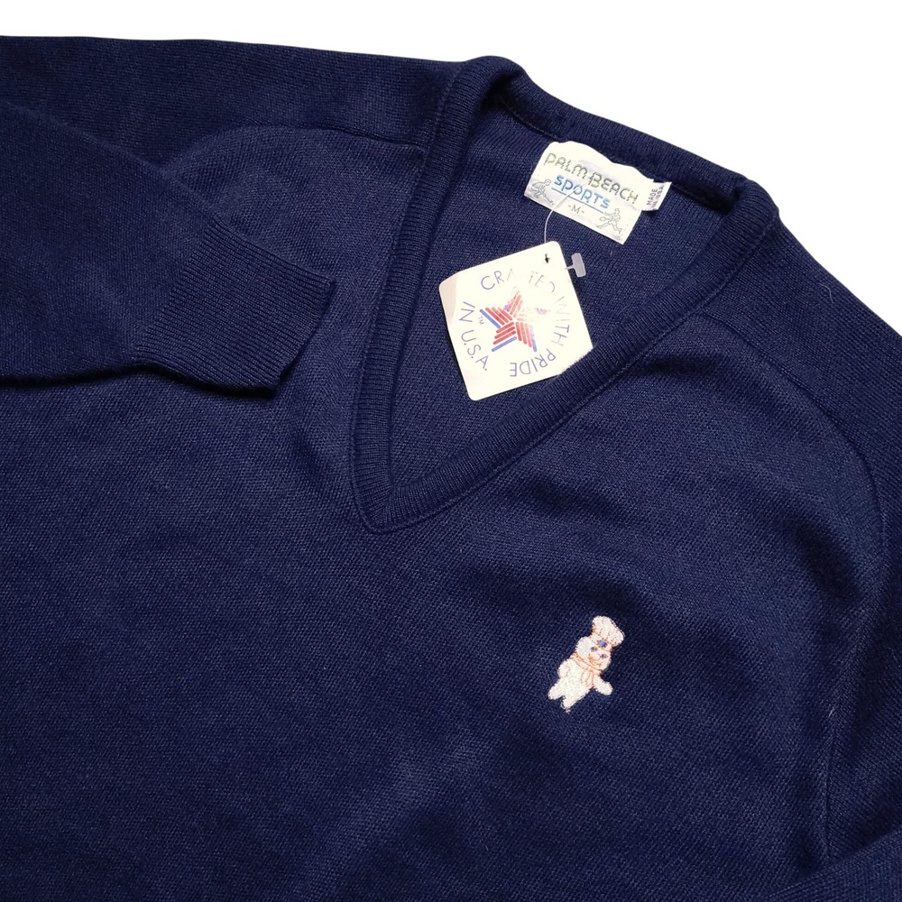 Palm Beach Sports V-Neck Sweater Medium Blue NWT Pillsbury Doughboy Vintage USA